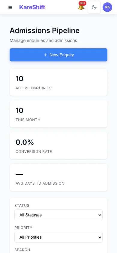 Admissions Pipeline: Track every enquiry from first call to admission: stage, priority, source and days waiting. (mobile view)