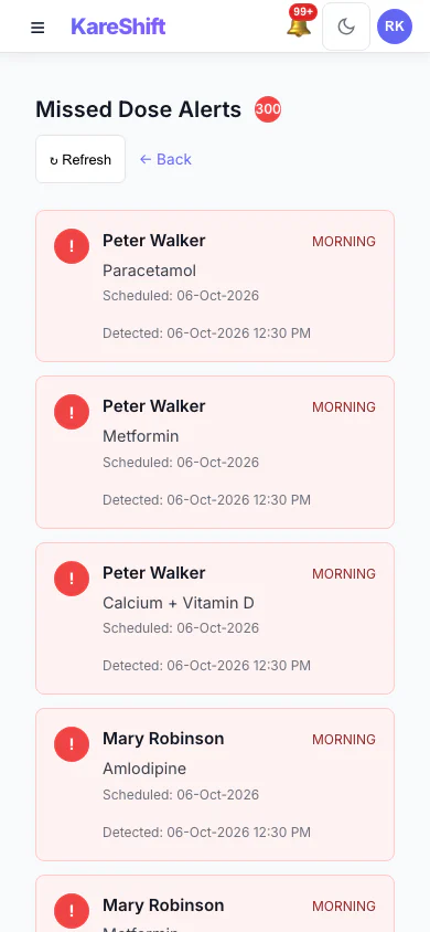 Missed Dose Alerts: Doses that were due and not recorded, so nothing is missed between rounds. (mobile view)