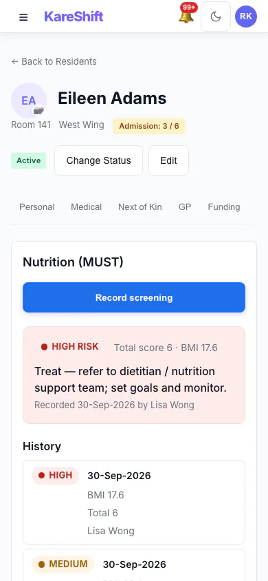 Nutrition screening (MUST) — risk level, recommended action and history for a resident — mobile view