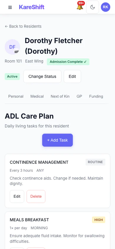 Resident Care Plan: The care plan for a resident, in the same record as everything else. (mobile view)
