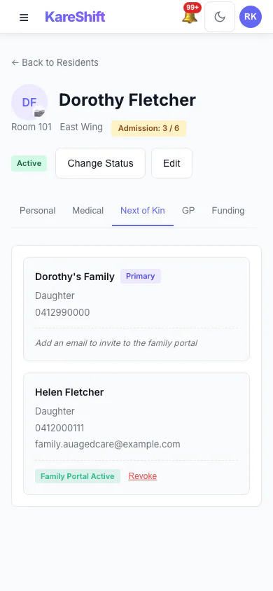 Next of Kin and Family Portal: Contacts on a resident's record, and who has family portal access. (mobile view)