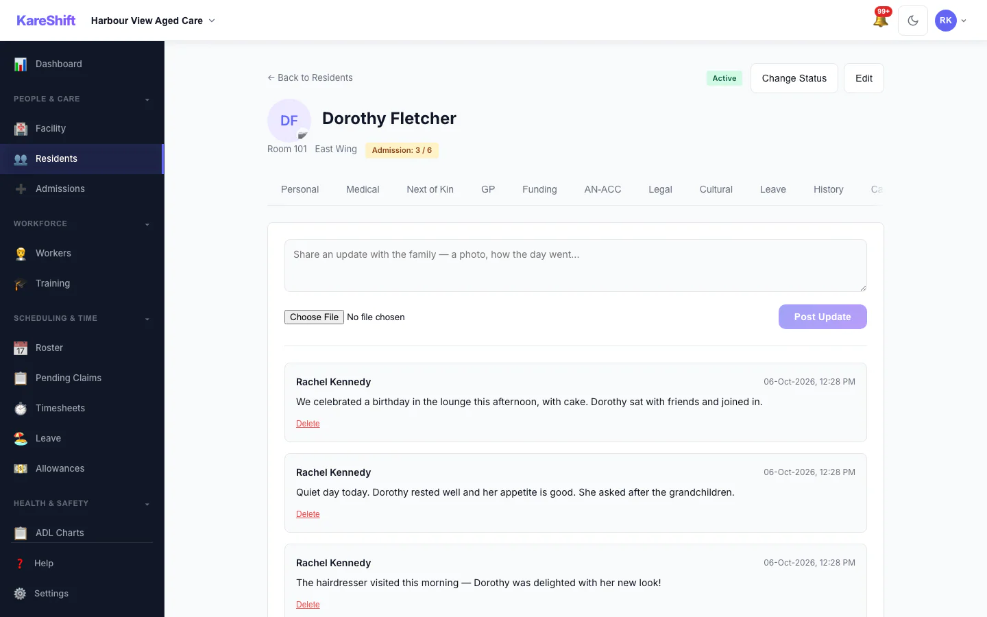 A resident's profile in KareShift with a box to post an update to the family and the updates already posted