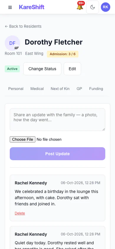 Family Updates: Post an update to the family and see what has already been shared. (mobile view)