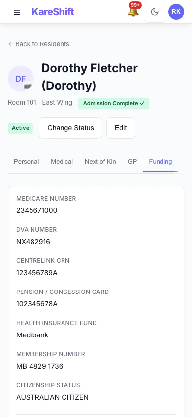 Resident Funding: Funding and fee details held on the resident's record. (mobile view)