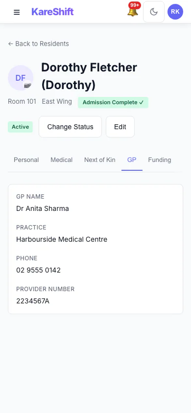 Resident GP Details: The resident's GP and contact details. (mobile view)
