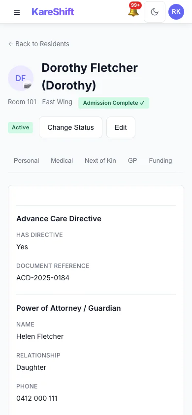 Resident Legal Documents: Advance care directive and power of attorney recorded for the resident. (mobile view)