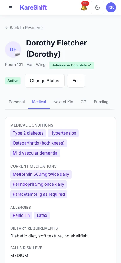 Resident Medical Profile: Conditions, medications, allergies and falls risk. (mobile view)