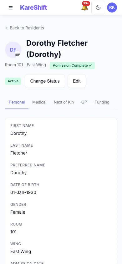 Resident Personal Details: The resident's personal details and room. (mobile view)