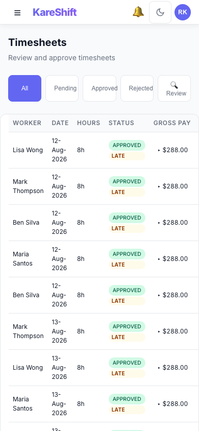 Residential Timesheets — Mobile View