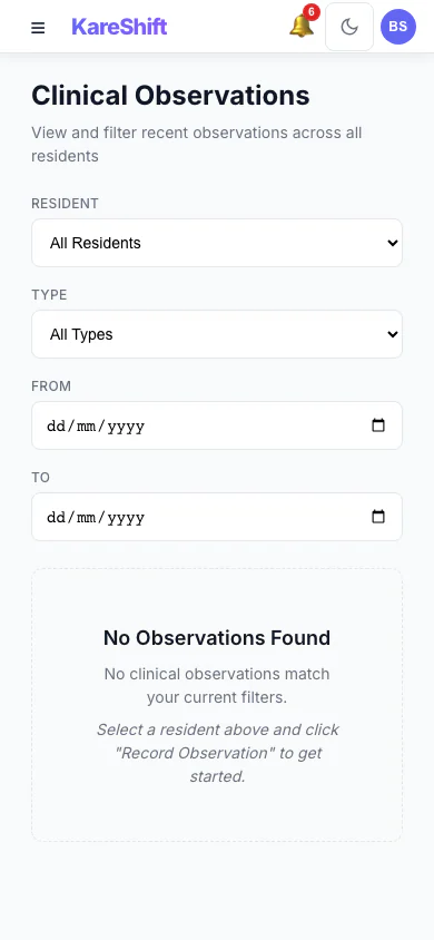 Clinical Observations — Mobile View