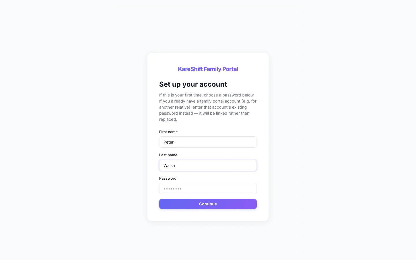 The page a relative sees when they accept an invitation: name and password fields