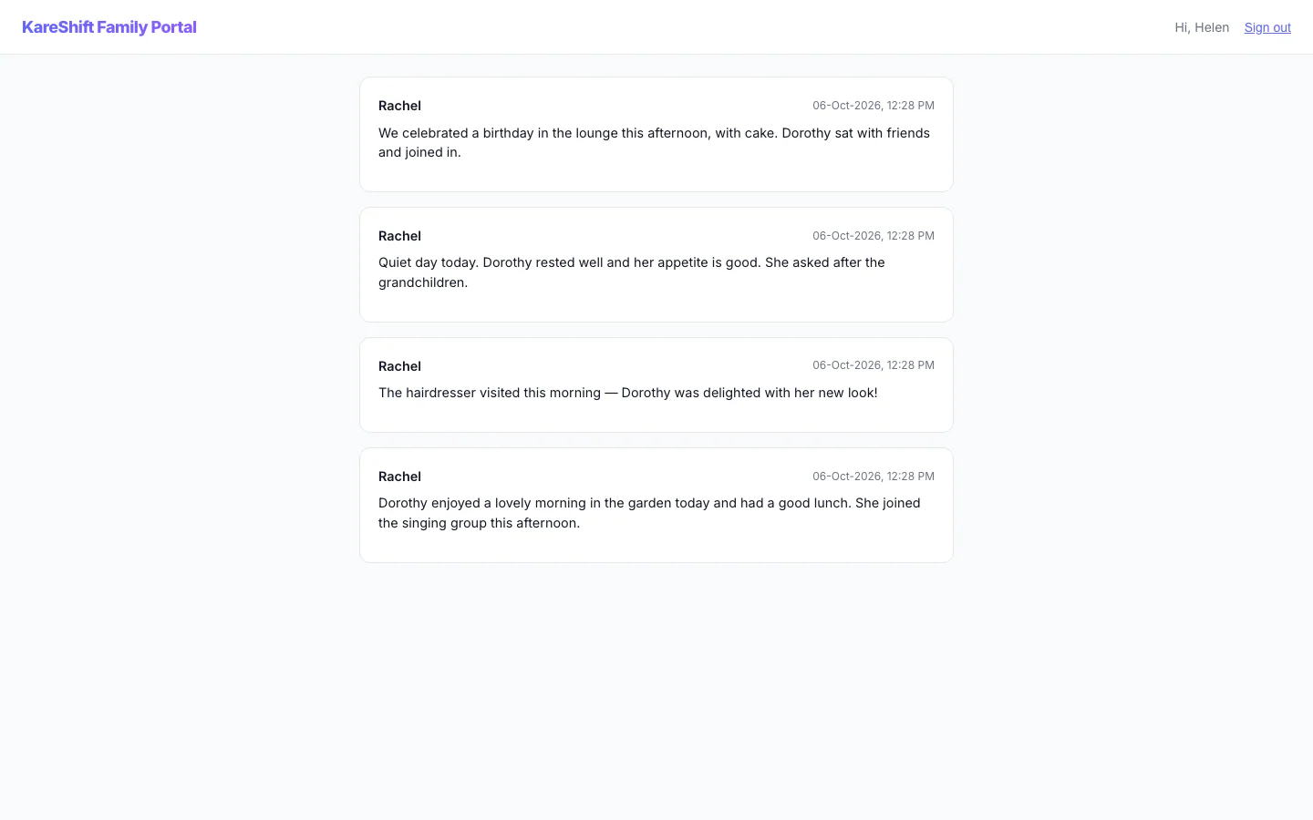 The KareShift family portal showing a relative's feed of updates about their family member