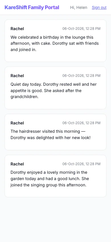 Family Portal — Updates: A relative's private feed of staff-written updates about their family member. (mobile view)