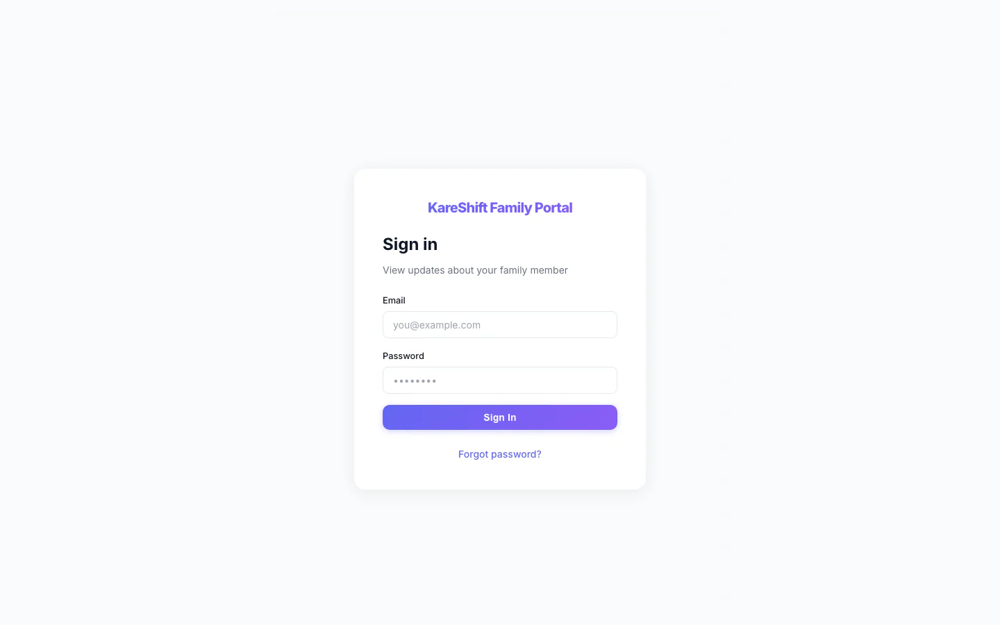 Family Portal — Sign In: Relatives sign in to their own portal, separate from the staff app.