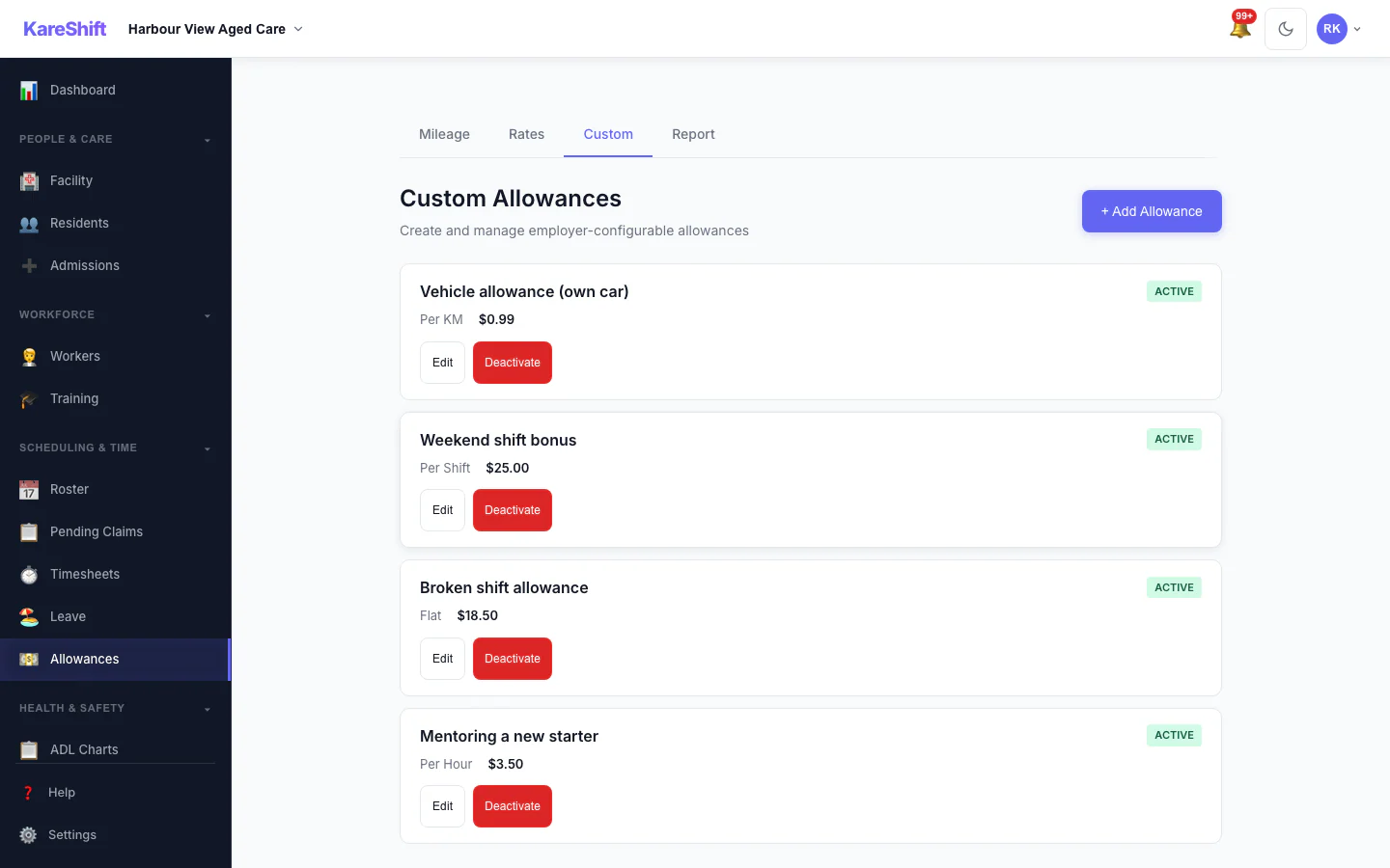 Custom Allowances: Create your own allowances beyond the standard ones, each with its own rate.