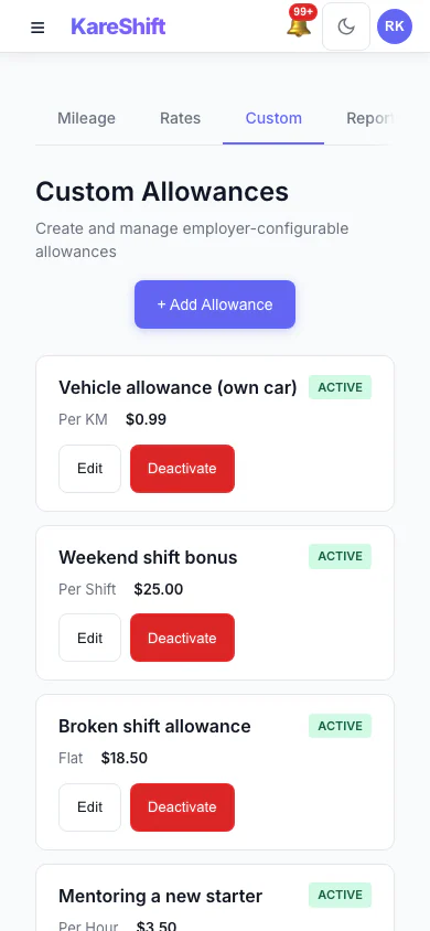 Custom Allowances: Create your own allowances beyond the standard ones, each with its own rate. (mobile view)