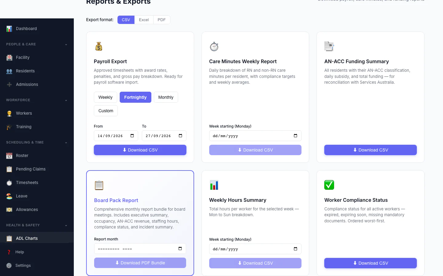 Reports & Exports — Board Pack Report bundle for board meetings