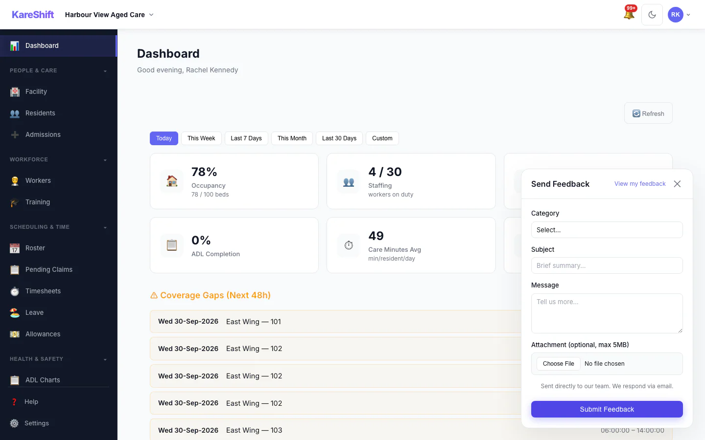 KareShift in-app feedback widget — submit feature requests directly