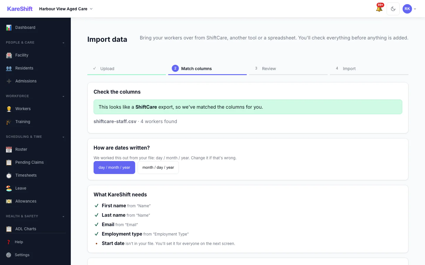 Import — a sample ShiftCare staff file is recognised and its columns matched automatically