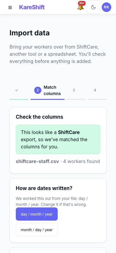 Import — a sample ShiftCare staff file is recognised and its columns matched automatically — mobile view