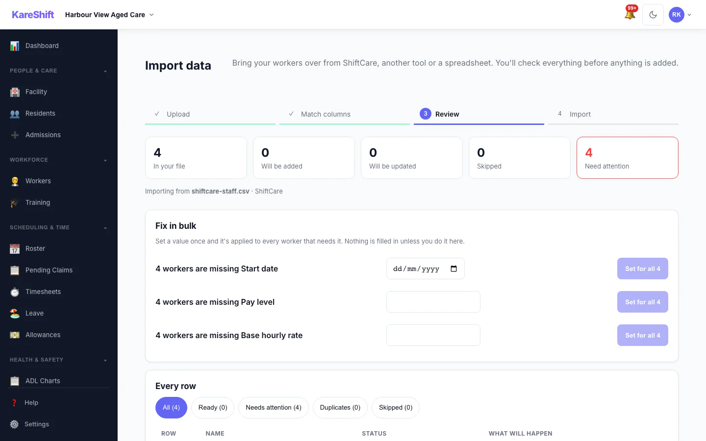 Import review — rows to be added, updated or skipped, with a bulk-fix panel