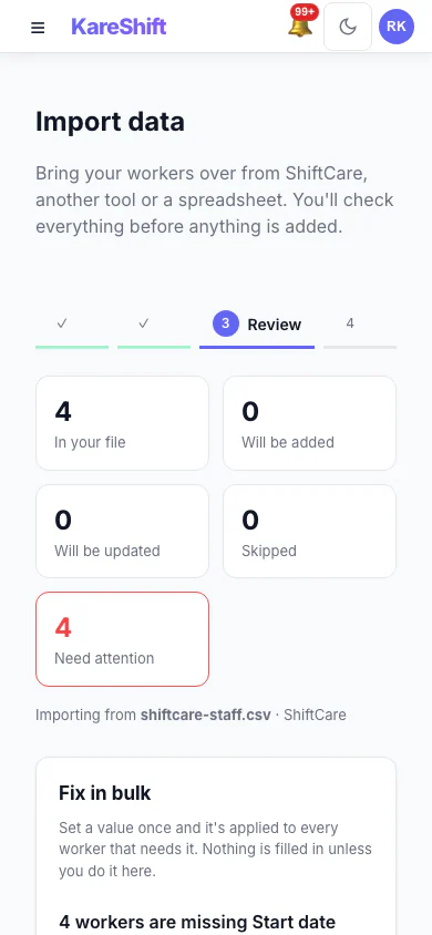 Import review — rows to be added, updated or skipped, with a bulk-fix panel — mobile view