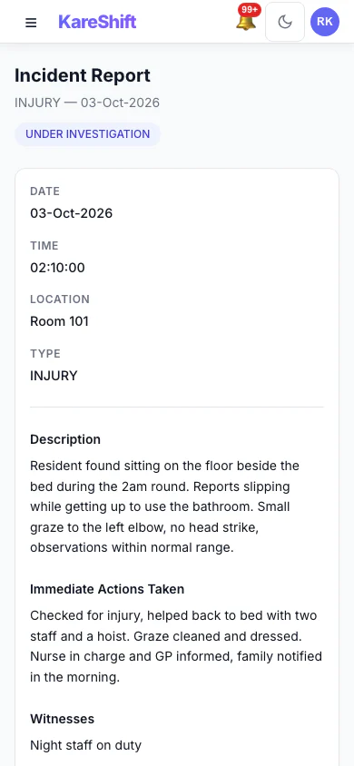 Incident Detail: An incident with its status, details and the update trail of who did what. (mobile view)