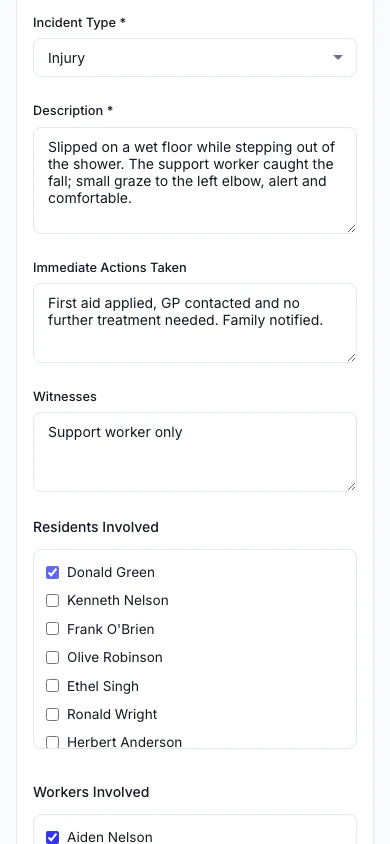 Report an Incident: Record what happened, who was involved and what was done straight away. (mobile view)