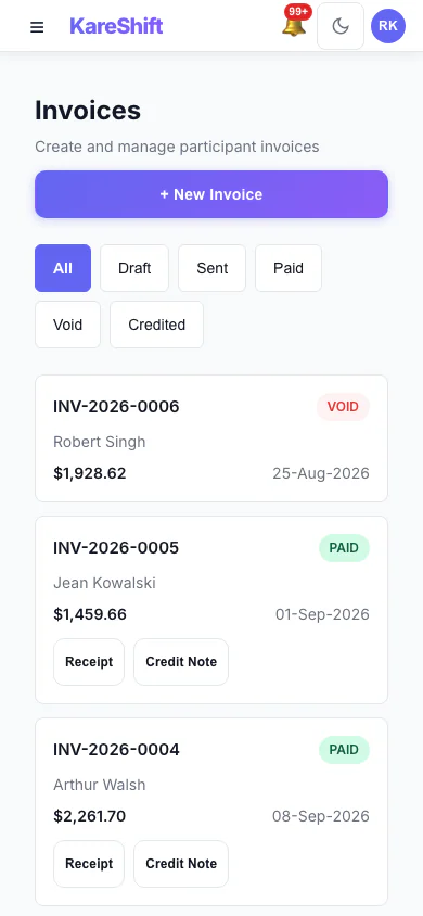 Invoices: Draft, sent, paid and voided invoices in one list, with PDF, receipt and credit note actions. (mobile view)