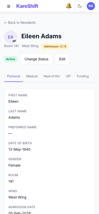 Resident Detail — profile, care plan, ADL charts and clinical observations — mobile view