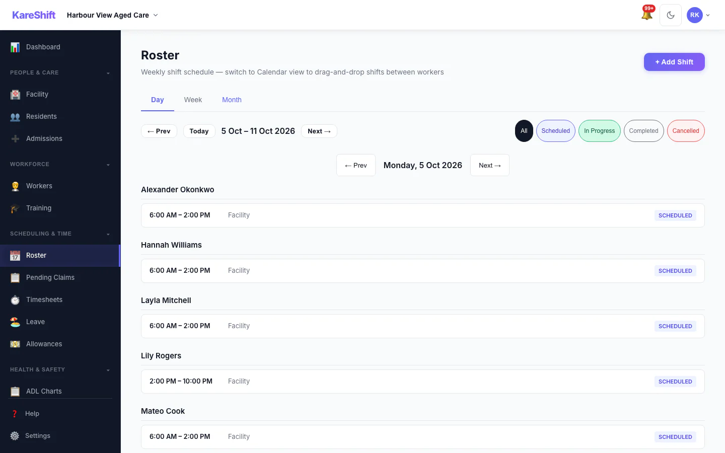 Roster — Day View: One day's shifts grouped by worker.