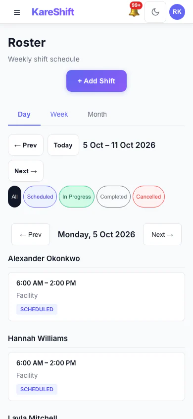 Roster — Day View: One day's shifts grouped by worker. (mobile view)