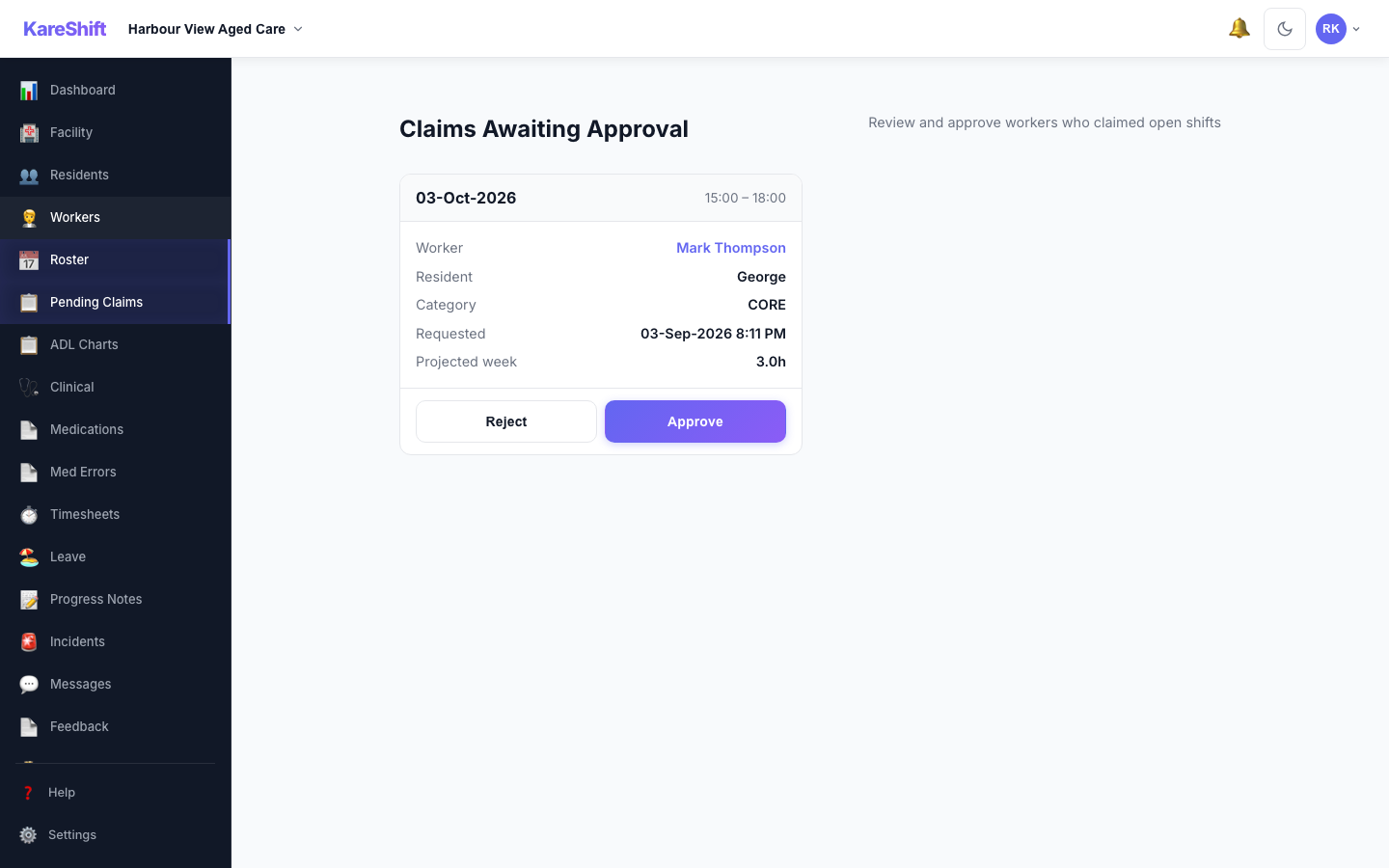 Claim Approval — coordinator reviews open-shift claims with projected weekly hours and an overtime warning