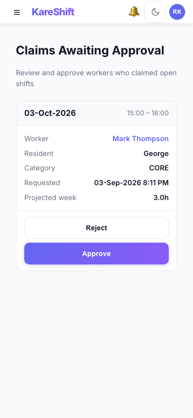 Claim Approval — coordinator reviews open-shift claims with projected weekly hours and an overtime warning — mobile view