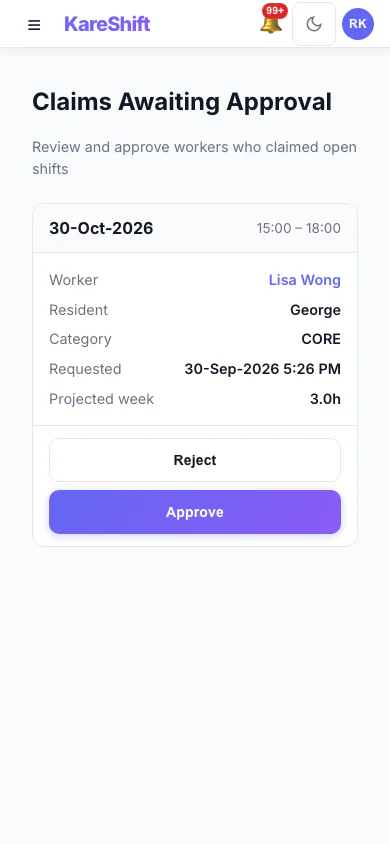 Claim Approval — coordinator reviews open-shift claims with projected weekly hours and an overtime warning — mobile view