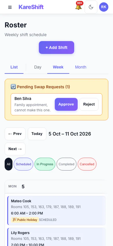 Shift Swap Requests: Pending swap requests with approve and reject. (mobile view)