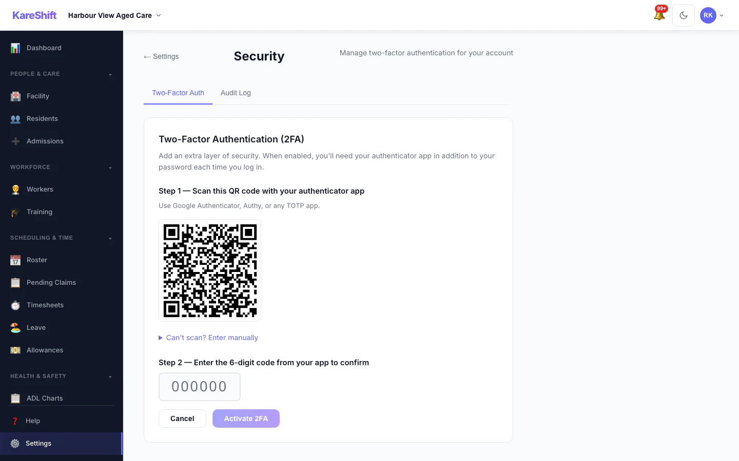 Set Up Two-Factor Authentication: Scan a code with an authenticator app, then enter the six-digit code to switch it on.