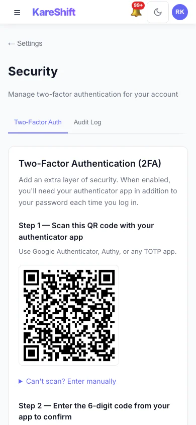 Set Up Two-Factor Authentication: Scan a code with an authenticator app, then enter the six-digit code to switch it on. (mobile view)