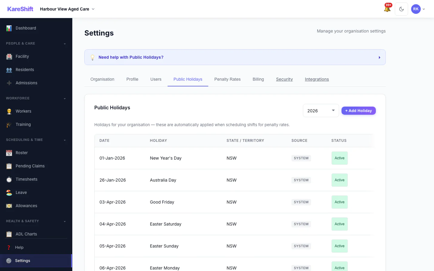 KareShift Public Holidays — system + custom holidays with source badges and penalty rate triggers