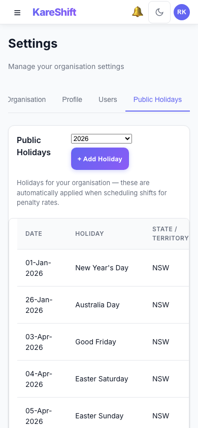 Public Holidays — Mobile View