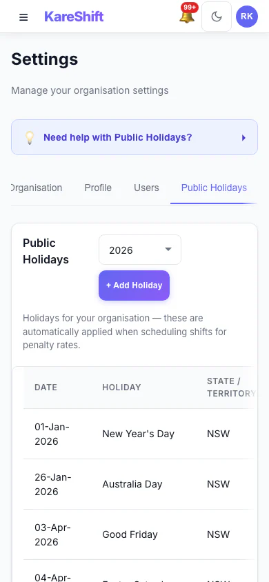 Public Holidays — Mobile View