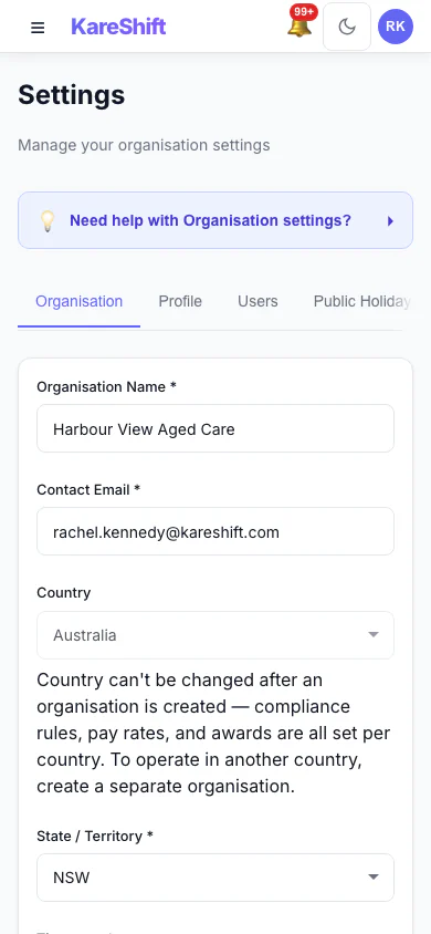 Settings — Mobile View