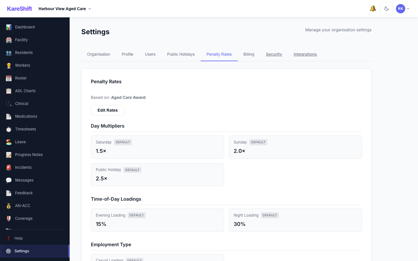 KareShift Penalty Rates — grouped rate multipliers with Default/Custom badges