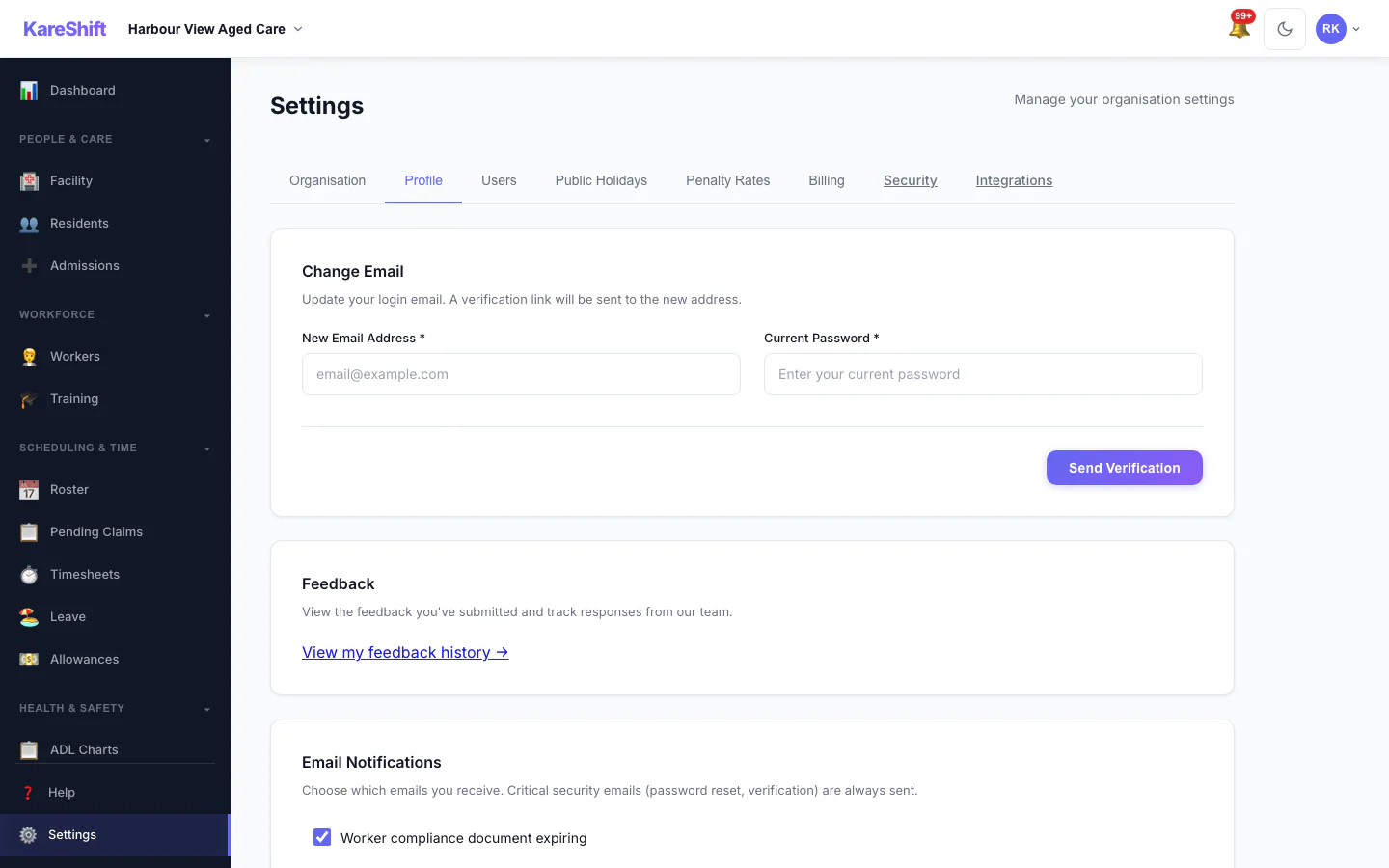 Your Profile Settings: Your login email and email notification choices.
