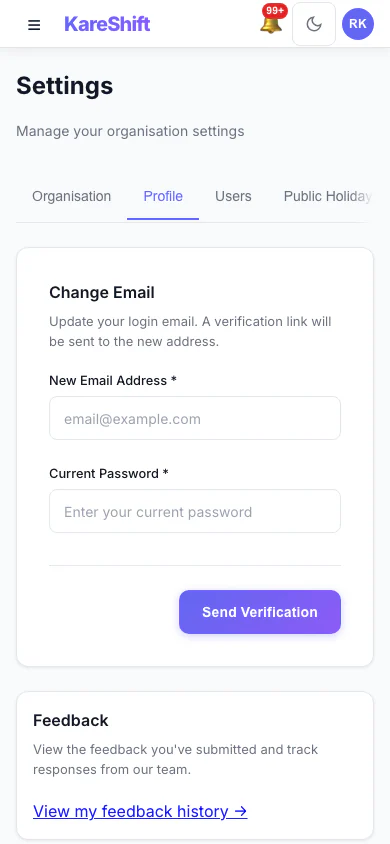 Your Profile Settings: Your login email and email notification choices. (mobile view)