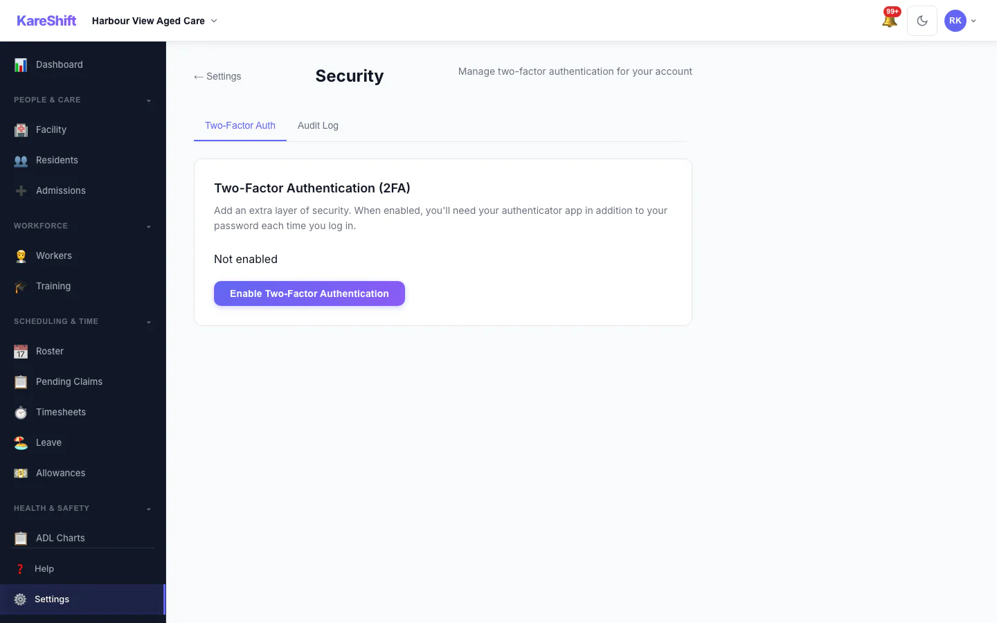 Security Settings: Two-factor status for your account, with trusted devices and an audit log for owners.