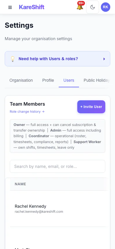 Team Members and Roles: Everyone in your organisation, their status and roles. (mobile view)