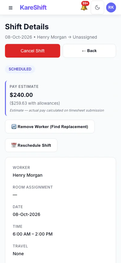 Shift Detail: A shift with its worker, pay estimate and attached forms. (mobile view)