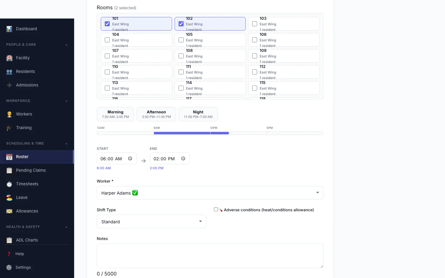 Add a Shift: Pick the person, date and times, and see suggested workers.