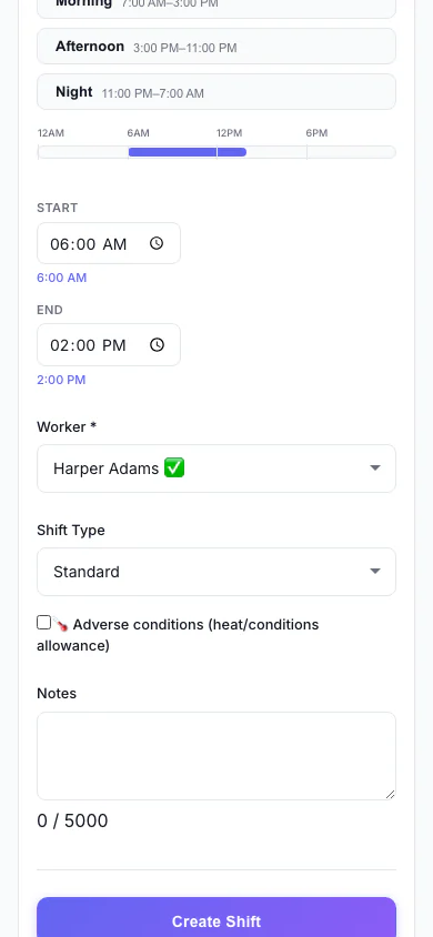 Add a Shift: Pick the person, date and times, and see suggested workers. (mobile view)